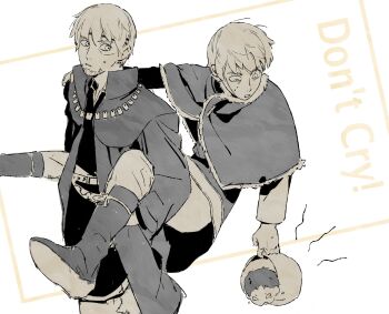 3boys beard belt boots canute carrying carrying_person collar crying english_text facial_hair facial_scar fur_trim hand_on_another's_shoulder headband high_collar karli looking_at_another male_focus motion_lines multiple_boys phantomnotnot scar scar_on_cheek scar_on_face short_hair sweat sweatdrop tears thorfinn vinland_saga