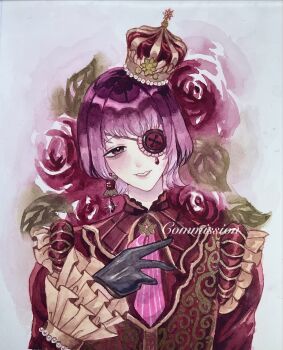 1girl bags_under_eyes black_gloves blood blood_drop brooch buttons collared_shirt commentary commission crown earrings english_commentary eyepatch flower frilled_eyepatch frilled_jacket frilled_shirt_collar frilled_sleeves frills gloves hand_on_own_chest highres infinity_nikki jacket jewelry light_blush lipstick long_sleeves makeup mini_crown necktie nikki_(series) original painting_(medium) parted_lips pink_eyes pink_hair pink_lips pink_necktie pinstripe_necktie pinstripe_pattern red_crown red_flower red_jacket red_rose red_shirt rose shirt short_hair single_earring sleeves_past_wrists smile solo spool straight-on stylist_(nikki) tattoo teardrop_tattoo teeth traditional_media upper_body violatte73 watercolor_(medium) watermark 