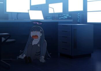  1girl black_hair black_halo blue_archive commentary_request crying doham formal_clothes frieren's_three-day_tantrum grabbing_own_hair hair_ornament hairclip halo holding holding_own_hair long_hair monitor multicolored_halo on_floor open_mouth parody rio_(blue_archive) sitting sobbing solo streaming_tears suit sweater tears turtleneck turtleneck_sweater two-tone_halo under_table 