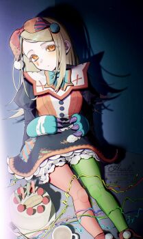  1girl asymmetrical_legwear blonde_hair cake commentary_request expressionless food gakuen_idolmaster hat highres idolmaster jester jester_cap long_hair looking_at_viewer mismatched_legwear orange_eyes shine_asahi shinosawa_hiro sitting solo teardrop_facial_mark 