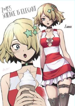  artist_request black_lips blonde_hair boots breasts choker cleavage dr._stone food ice_cream lipstick makeup striped wright_luna  rating:Sensitive score:25 user:Zerch
