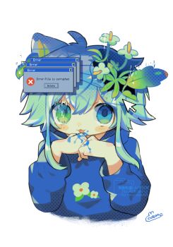  1boy animal_ears blue_eyes blue_hair blue_hoodie blush cat_ears commentary cotono_(nazekun) cursor english_commentary error_message fangs flower glitch green_eyes green_hair hair_between_eyes halftone hand_on_own_chin hands_up highres hood hoodie looking_at_viewer male_focus multicolored_eyes original plant_on_head revision signature simple_background watermark white_background window_(computing) 