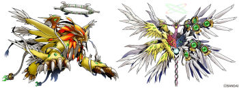  asymmetrical_wings bandai claws dalphomon digimon digimon_(creature) digimon_liberator double_halo exmaquinamon feathered_wings full_body halo head_wings mask mechanical_wings mismatched_wings multiple_wings official_art orange_hair sharp_teeth simple_background teeth white_background winged_arms wings 