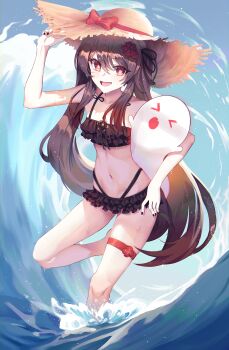  >_< 1girl :o absurdres arm_up bikini bikini_skirt black_bikini black_nails black_ribbon boo_tao_(genshin_impact) bow breasts brown_hair collarbone commentary flower flower-shaped_pupils frilled_bikini frills genshin_impact ghost hair_flower hair_ornament hair_ribbon hand_on_headwear hat hat_bow highleg highleg_bikini highres hu_tao_(genshin_impact) lala_2080 leg_up long_hair nail_polish navel open_mouth plum_blossoms red_bow red_eyes red_flower revision ribbon sidelocks small_breasts smile solo splashing standing standing_on_one_leg stomach straw_hat swimsuit symbol-shaped_pupils thigh_strap thighs twintails wading water wet 