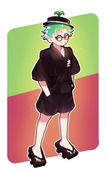  1boy black_hat black_shirt black_shorts border closed_mouth commentary daimonji_ryugon english_commentary full_body glasses green_hair hands_in_pockets hat highres male_focus onpa_(onpa_sound) outline red_eyes round_eyewear sandals shirt short_hair short_sleeves shorts smile solo transparent_border two-tone_background virtual_youtuber voms white_outline 