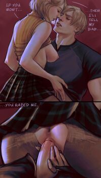  1boy 1girl absurdres ashley_graham assertive_female blonde_hair breasts english_text fishnet_pantyhose fishnets guided_penetration highres leon_s._kennedy noctyssa pantyhose resident_evil resident_evil_4 resident_evil_4_(remake) sex skirt torn_clothes torn_pantyhose vaginal 