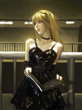  1girl amane_misa bare_shoulders black_choker black_nails blonde_hair choker commentary death_note death_note_(object) english_commentary goth_fashion gothic_punk highres long_hair looking_to_the_side parted_lips railing solo two_side_up whoisluvme 
