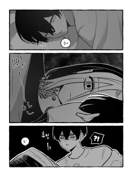  !? 2boys commentary_request greyscale hair_between_eyes hanemiya_kazutora highres korean_commentary long_hair long_sleeves male_focus matsuno_chifuyu mole mole_under_eye monochrome multicolored_hair multiple_boys neck_tattoo ocolayapap official_alternate_hairstyle one_eye_closed short_hair sleeping_together tattoo tiger_tattoo tokyo_revengers two-tone_hair upper_body waking_up zzz 