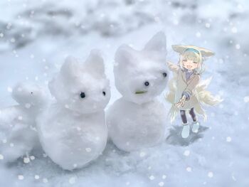  1girl alternate_costume animal_ears arknights blonde_hair blue_hairband boots closed_eyes facing_viewer fox_ears fox_girl fox_tail hairband highres kitsune kyuubi long_sleeves mixed_media multiple_tails open_mouth pantyhose screen9775 snow snowman solo suzuran_(arknights) tail white_boots 