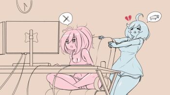  2girls ahoge bags_under_eyes blush breasts broken_heart chair cleavage clock closed_eyes cowboy_shot desk drooling frown heart highres insomnia-chan kay_yu large_breasts medium_hair messy_hair monitor multiple_girls non-web_source open_mouth original pink-haired_girl_(kay_yu) ponytail short_shorts short_sleeves shorts simple_background spoken_object spoken_x tank_top 