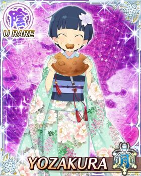 1girl aged_down aqua_kimono blue_hair border bowl_cut card_(medium) character_name child closed_eyes closed_mouth cookie eating floral_print floral_print_kimono flower food food_on_face game_cg hair_flower hair_ornament holding holding_cookie holding_food japanese_clothes kimono official_art print_kimono purple_background senran_kagura senran_kagura_new_wave short_hair smile solo third-party_source yozakura_(senran_kagura) 