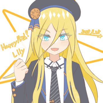  1girl :d alternate_costume anniversary black_hat black_jacket blonde_hair blue_eyes blue_eyeshadow bright_pupils character_name clenched_hand commentary_request dated eyeshadow fang hand_up happy_anniversary hat jacket lily_(vocaloid) long_hair long_sleeves looking_at_viewer makeup necktie open_mouth portrait shirt simple_background skin_fang smile solo striped_clothes striped_necktie very_long_hair vocaloid white_background white_pupils white_shirt wixa14_shin 