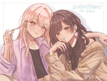  1girl 1other 2026 akiyama_mizuki artist_name black_shirt brown_eyes brown_hair brown_jacket closed_mouth collared_shirt commentary earrings flower_earrings hair_down highres jacket jewelry layered_clothes long_hair long_sleeves necklace official_alternate_costume official_alternate_hair_length official_alternate_hairstyle open_clothes pink_eyes pink_hair project_sekai reiiyark shadow shinonome_ena shirt smile upper_body white_background zozotown 