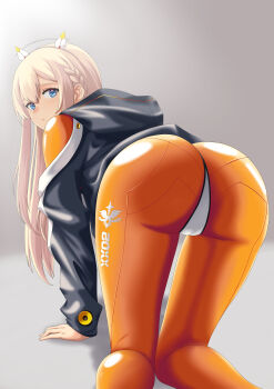 1girl absurdres all_fours ass ass_focus blonde_hair blue_eyes blush bodysuit cameltoe embarrassed from_behind goddess_of_victory:_nikke headgear highres huge_ass jacket long_hair looking_at_viewer looking_back ramiki_(ramesgoag) skin_tight solo top-down_bottom-up tove_(nikke) very_long_hair rating:Sensitive score:32 user:armorcrystal
