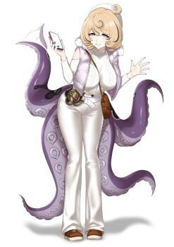  1girl absurdres alternate_costume beret blonde_hair breasts brown_shoes cellphone commentary_request full_body hat highres holding holding_phone large_breasts looking_at_viewer makarony pants phone purple_eyes shoes short_hair simple_background smime solo sweater tentacles white_background white_hat white_pants white_sweater yidhari_murphy zenless_zone_zero 