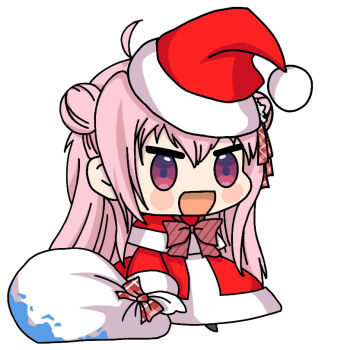  >:d 1girl bag blush chibi code4matt double_bun dress eyebrows gradient_eyes hair_bun hair_ribbon happy_sugar_life hat holding holding_bag long_hair matsuzaka_satou multicolored_eyes open_mouth padoru_(meme) pink_eyes pink_hair red_dress red_ribbon ribbon santa_costume santa_dress santa_hat smile solo sparkling_eyes spoilers 