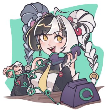  1girl ahoge bare_shoulders black_hair blush braid braided_twintails china_dress chinese_clothes corded_phone detached_sleeves dialyn_(zenless_zone_zero) double_bun dress green_background hair_bun hair_extensions hair_intakes hair_ornament hairclip hashtag-only_commentary highres holding holding_phone looking_to_the_side minoka multicolored_hair necktie open_mouth orange_eyes panda_hair_ornament phone ring_hair_extensions solo sparkling_eyes split-color_hair talking_on_phone twitter_username two-tone_background upper_body white_background white_hair wire yellow_necktie zenless_zone_zero 