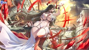  1girl alcohol arm_up azur_lane breasts francesco_caracciolo_(azur_lane) from_below hair_between_eyes highres huge_breasts long_hair long_hair_between_eyes navel netural official_art outdoors parted_lips red_eyes red_wine ruins second-party_source sky solo spilled_drink stomach very_long_hair wine 