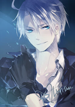  1boy ahoge america_(hetalia) axis_powers_hetalia black_gloves blue_eyes collarbone gloves long_sleeves looking_at_viewer male_focus portrait shirt silver_hair skyfly17 smile solo teeth  rating:Sensitive score:4 user:Collector-chan