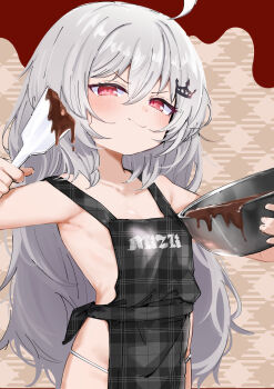  1girl absurdres ahoge apron bikini bikini_bottom_only blush breasts chocolate closed_mouth crown_hair_ornament grey_hair hair_between_eyes hair_ornament highres holding loli long_hair micro_bikini naked_apron red_eyes ryogoku_tsukasa small_breasts smile solo specialite_(company) speech_bubble swimsuit translation_request utsusumi_kio virtual_youtuber 