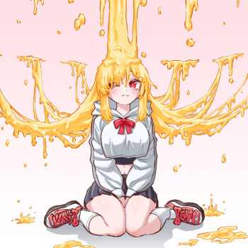  1girl absurdres alternate_costume between_legs black_skirt blonde_hair blush bow breasts cheese cheese_trail chobeog closed_mouth commentary crop_top cropped_hoodie fang food full_body gradient_background grey_hoodie hair_over_one_eye hand_between_legs highres honey hood hood_down hoodie jingburger korean_commentary large_breasts liquid_hair long_hair long_sleeves looking_at_viewer midriff miniskirt navel pink_background pleated_skirt red_bow red_eyes shoes sitting skin_fang skirt smile sneakers socks solo virtual_youtuber waktaverse wariza white_hoodie white_socks 