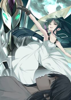  1girl aqua_eyes armpits back_ribbon belt black_gloves black_pantyhose blue_hair breasts dress feet floating_clothes gloves glowing glowing_eyes green_eyes hair_flowing_over half-closed_eyes highres horns kasukasugom1 light_smile long_hair mecha medium_breasts minato_hikaru moon_background nitroplus pantyhose ponytail robot single_horn sleeping sleeveless sleeveless_dress soukou_akki_muramasa white_dress 
