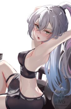  1girl bare_shoulders black_shorts black_sports_bra blush chuuna_(unagiunazy) gradient_hair grey_eyes grey_hair high_ponytail highres honkai:_star_rail honkai_(series) long_hair multicolored_hair no_jacket ponytail shorts silver_wolf_(elation)_(honkai:_star_rail) silver_wolf_(honkai:_star_rail) solo sports_bra 