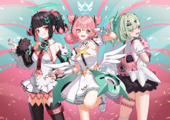  +_+ 3girls absurdres angel_wings angels_of_delusion aria_(zenless_zone_zero) arm_warmers bare_shoulders black_choker black_hair black_skirt black_sleeves black_thighhighs blue_streaks bow breasts choker clothing_cutout commentary cowboy_shot detached_sleeves dress earrings fang fingerless_gloves from_behind fur-trimmed_skirt fur_trim gloves green_background green_bow green_eyes green_hair grin hair_bow halo hand_on_own_hip highres jewelry leg_up looking_at_viewer looking_back medium_hair megaphone multicolored_hair multicolored_nails multiple_girls multiple_hair_clips multiple_thigh_straps musical_note_earrings nangong_yu navel navel_cutout necktie open_mouth peng_kun pink_arm_warmers pink_background pink_bag pink_bow pink_gloves pink_hair pink_nails ponytail red_eyes red_nails red_necktie salute shadow shirt shoes skindentation skirt smile sparkling_eyes streaked_hair striped_arm_warmers sunna_(zenless_zone_zero) thigh_strap thighhighs twintails twitter_username two-tone_background two-tone_hair two_side_up white_dress white_shirt white_shoes white_wings winged_bag winged_heart wings zenless_zone_zero 