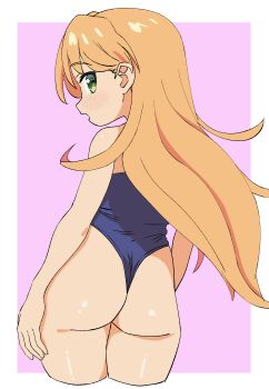  1girl absurdres ass blonde_hair blue_one-piece_swimsuit green_eyes highleg highleg_one-piece_swimsuit highres long_hair looking_at_viewer looking_back one-piece_swimsuit open_mouth rasukofu ruri_no_houseki swimsuit tanigawa_ruri thick_thighs thighs wide_hips  rating:Sensitive score:85 user:PuttHutt