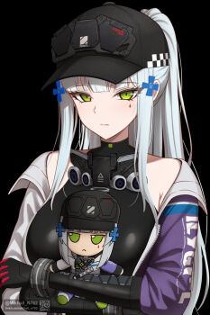  1girl 416_day artist_name baseball_cap black_background black_hat breasts commentary cross_hair_ornament doll english_commentary fumo_(doll) girls'_frontline girls'_frontline_2:_exilium green_eyes hair_ornament hat highres hk416_(girls'_frontline) holding holding_doll jacket klukai_(girls'_frontline_2) long_hair mikhail_n762 multicolored_jacket partially_open_jacket purple_jacket qr_code simple_background solo twitter_username two-tone_jacket upper_body white_hair white_jacket 