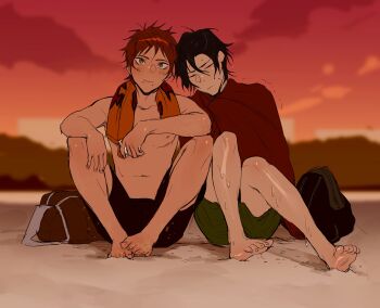  2boys barefoot beach black_hair black_shorts blush brown_eyes brown_hair commentary full_body fushimi_saruhiko green_shorts heads_together highres k-project leaning_on_person male_focus mastectomy_scar multiple_boys navel nipples sand scar scar_on_chest short_hair shorts sitting sunset topless_male towel towel_around_neck treslech3s untranslatable_commentary wet yaoi yata_misaki 