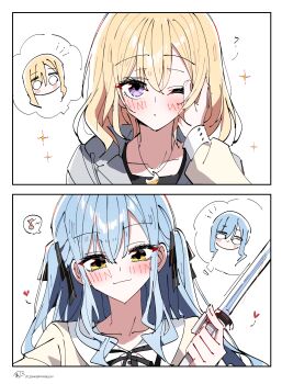  2girls absurdres bang_dream! bang_dream!_it's_mygo!!!!! blonde_hair blue_eyes blue_hair blush chinese_commentary closed_mouth commentary_request grey_jacket hand_on_another's_cheek hand_on_another's_face highres holding_hair_straightener jacket jewelry long_hair matching_hairstyle medium_hair misumi_uika multiple_girls necklace one_eye_closed purple_eyes sidelocks smile togawa_sakiko two_side_up yellow_eyes yuri zhanzhangzlw 