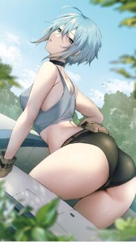  1girl ahoge aqua_eyes aqua_hair arched_back ass back belt_pouch bent_over black_choker blue_sky blurry blurry_foreground choker cloud danimaru detexted dutch_angle eiyuu_fuufu_no_tsumetai_shinkon_seikatsu gloves highres looking_back novel_illustration official_art parted_lips pouch ramenta short_hair short_shorts shorts sky solo sweat tank_top thick_thighs thighs third-party_edit third-party_source tree 