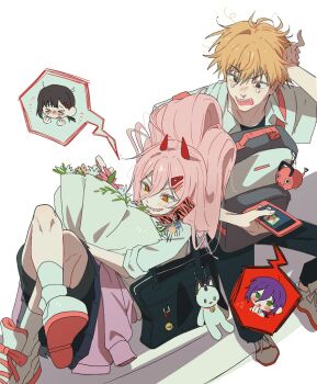  >_< 1boy 3girls backpack bag black_pants black_shoes blonde_hair blush bouquet brown_eyes brown_hair cat chainsaw_man character_charm charm_(object) chibi chibi_inset clothes_around_waist collared_shirt commentary_request cross-shaped_pupils dalsan110 demon_girl denji_(chainsaw_man) flower furrowed_brow green_eyes grin hair_between_eyes hair_ornament hairclip hand_in_own_hair higashiyama_kobeni highres holding holding_bouquet holding_phone horns korean_commentary long_hair medium_hair meowy_(chainsaw_man) messy_hair multiple_girls open_mouth orange_eyes pants phone pink_hair pink_sweater pochita_(chainsaw_man) power_(chainsaw_man) purple_hair red_horns reze_(chainsaw_man) sharp_teeth shirt shoes short_hair side_ponytail sleeves_rolled_up smile sneakers socks sweater sweater_around_waist symbol-shaped_pupils tears teeth white_shirt white_shoes white_socks 