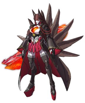  akagi_(azur_lane) azur_lane comiket_93 highres mecha mechanical_ears mechanical_skirt mechanical_tail mechanization multiple_tails no_humans open_hands red_eyes robot simple_background solo standing sukekiyo56 tail white_background  rating:General score:5 user:danbooru