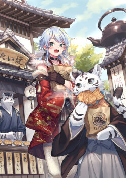  1girl 2boys :d animal_ear_fluff black_choker black_gloves blue_eyes blue_hair blush brown_kimono choker commentary_request day eating fang fangs fangs_out food furry furry_male gloves grey_hakama hakama highres holding holding_food japanese_clothes kimono lantern long_hair long_sleeves multiple_boys open_mouth original outdoors red_kimono skin_fang smile snow_leopard_boy snow_leopard_ears snow_leopard_tail suzaku_(zaku6584) taiyaki teapot wagashi wide_sleeves 