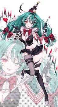  1girl absurdres belt bow breasts bustier cleavage clown full_body gloves green_eyes green_hair gun hair_bow heterochromia highres indie_virtual_youtuber microskirt midriff mira_mayheme multicolored_hair pleated_skirt red_eyes skirt teyyami twintails two-tone_hair virtual_youtuber weapon white_hair 