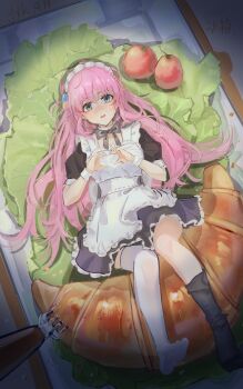  1girl above-cleavage_cutout absurdres alternate_costume apron asymmetrical_legwear black_dress black_socks blue_eyes bocchi_the_rock! bow bowtie cabbage cherry_tomato clothing_cutout commentary_request croissant cube_hair_ornament dress enmaided food fork frilled_apron frilled_dress frills full_body gotoh_hitori hair_ornament heart heart_hands highres knees light_blush long_hair looking_at_viewer lying maid maid_apron maid_headdress mini_person minigirl mismatched_legwear on_back on_plate open_mouth pink_hair puffy_short_sleeves puffy_sleeves red_bow red_bowtie short_dress short_sleeves smile socks solo thighhighs tomato user_adpn2522 vignetting white_apron white_thighhighs 