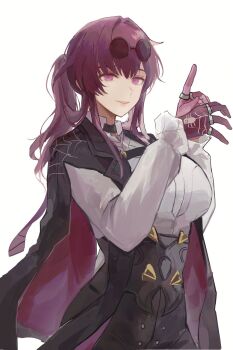  1girl black_jacket black_pants collared_shirt cowboy_shot gloves hair_between_eyes high-waist_pants high_ponytail highres honkai:_star_rail honkai_(series) jacket kafka_(honkai:_star_rail) kkong_x long_sleeves looking_at_viewer pants parted_lips ponytail purple_eyes purple_gloves purple_hair shirt simple_background solo sunglasses white_background white_shirt  rating:General score:5 user:danbooru