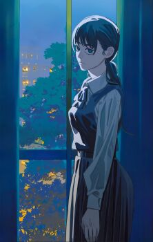 1girl black_hair blue_dress blue_eyes building chainsaw_man city city_lights collared_shirt cover cover_page dress fourth_east_high_school_uniform fujimoto_tatsuki highres long_hair long_sleeves looking_at_viewer manga_cover mitaka_asa neck_ribbon night official_art pinafore_dress ribbon school_uniform shirt sky sleeveless sleeveless_dress standing textless_version third-party_edit third-party_source tree white_shirt window 