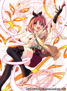  1girl asu_hirana atelier_(series) atelier_ryza belt beret black_belt black_gloves black_thighhighs blush brown_eyes brown_hair gloves hat holding holding_polearm holding_weapon jacket looking_at_viewer lukyyuki magic_circle medium_hair open_mouth polearm red_shorts reisalin_stout shirt shorts smile solo thighhighs weapon white_hat white_shirt wixoss wixoss_diva(a)live yellow_jacket 