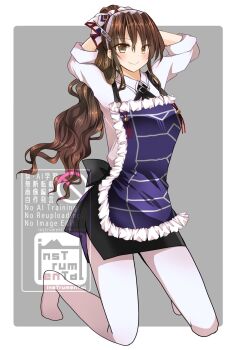  1girl apron ascot ashigara_(kancolle) ashigara_kai_ni_(kancolle) breasts brown_eyes brown_hair commentary_request gloves grey_background hair_between_eyes hairband highres inscco kantai_collection kneeling long_hair long_sleeves looking_at_viewer multicolored_ascot multicolored_neckerchief neckerchief pantyhose pencil_skirt ponytail print_neckerchief purple_apron shirt skirt smile wavy_hair white_background white_gloves white_hairband white_shirt 