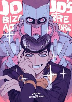  1boy character_name closed_mouth commentary_request crazy_diamond diamond_wa_kudakenai earrings eyelashes grin higashikata_josuke highres jewelry jojo_no_kimyou_na_bouken long_sleeves looking_at_viewer male_focus neg_50asu pink_eyes pompadour smile sparkle stand_(jojo) upper_body 