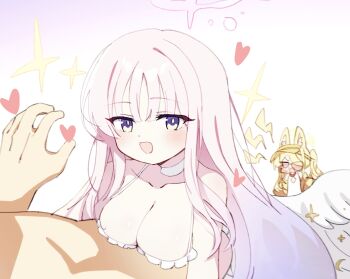  1boy 2girls :d animal_ears bikini blonde_hair blue_archive blush breast_press breasts chibi chibi_inset chinese_commentary choker cleavage collarbone commentary_request feathered_wings fox_ears fox_girl frilled_bikini frills hair_over_one_eye halo hand_up heart hetero highres hug large_breasts long_hair looking_at_another looking_at_viewer meng_yin mika_(blue_archive) mika_(swimsuit)_(blue_archive) multiple_girls official_alternate_costume official_alternate_hairstyle one-piece_swimsuit open_mouth pink_eyes pink_hair pink_halo seia_(blue_archive) seia_(swimsuit)_(blue_archive) side_ponytail simple_background smile solo_focus sparkle sunglasses swimsuit v-shaped_eyebrows very_long_hair white_background white_bikini white_choker white_one-piece_swimsuit white_wings wings yellow_eyes yellow_halo 