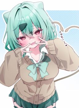  1girl :3 absurdres animal_ears blush bob_cut bow bowtie breasts brown_cardigan bulbasaur cardigan collared_shirt commentary_request cowboy_shot crossed_bangs double_v fang from_above gen_1_pokemon green_bow green_hair green_nails green_skirt gyaru gyaru_bulbasaur_(shin_no_tenpii) hair_between_eyes hair_intakes hands_up heart heart_tail highres looking_at_viewer medium_breasts miniskirt multiple_tails nail_polish nintendo open_mouth osouji_mop personification pleated_skirt pokemon pokemon_pokopia polka_dot polka_dot_background red_eyes shirt short_hair simple_background skirt sleeves_past_wrists solo tail thighhighs tongue two_tails v white_shirt zettai_ryouiki 