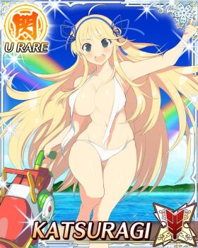  1girl :o arm_up bikini blonde_hair blue_ribbon blue_sky border breasts card_(medium) character_name cleavage game_cg gluteal_fold green_eyes groin hair_ribbon holding holding_water_gun katsuragi_(senran_kagura) large_breasts long_hair navel ocean official_art rainbow ribbon senran_kagura senran_kagura_new_wave senran_kagura_peach_beach_splash skindentation sky solo standing standing_on_one_leg swimsuit teeth third-party_source undone_bikini upper_teeth_only very_long_hair water_gun white_bikini yaegashi_nan 