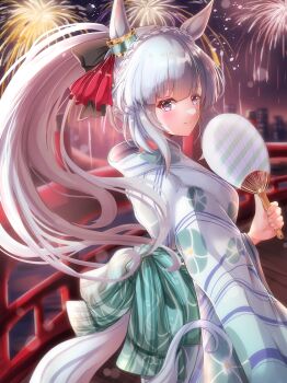  1girl absurdres aerial_fireworks animal_ears blue_hair blush bow braid breasts bridge closed_mouth commentary_request crown_braid ear_ornament ear_ribbon fireworks gradient_clothes gradient_kimono hand_fan highres holding holding_fan horse_ears horse_girl horse_tail japanese_clothes kentan_(kingtaiki) kimono long_hair long_sleeves looking_at_viewer mejiro_ardan_(umamusume) ponytail print_kimono purple_eyes sky smile solo tail umamusume 