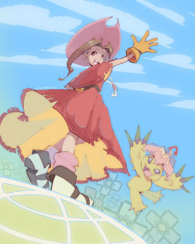 1girl brown_eyes brown_hair child digimon digimon_(creature) digimon_adventure dress flower long_hair palmon petals red_dress sharp_teeth tachikawa_mimi tail teeth winonaparadise