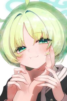  1boy 1girl :t absurdres ahoge blue_archive blue_halo blush closed_mouth commentary cuz_be fingernails grabbing_another's_face green_eyes green_hair green_jacket halo hands_on_another's_hand head_grab highres jacket letterman_jacket long_fingernails looking_at_viewer portrait pov pov_hands ritsu_(blue_archive) short_hair smile solo_focus 