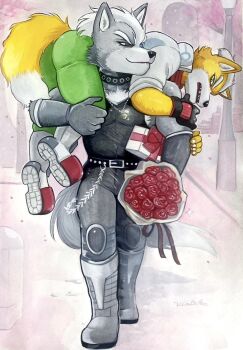  animal_ears black_gloves black_shirt black_tank_top bouquet carrying carrying_person closed_mouth collar commentary fangs fingerless_gloves flower fox_boy fox_ears fox_mccloud fox_tail furry furry_male gloves green_pants grey_gloves grey_pants highres holding holding_bouquet jacket jewelry looking_at_another male_focus muscular muscular_male necklace nintendo open_mouth pants pectorals red_flower red_rose rose shirt sleeveless sleeveless_shirt smile star_fox tail tank_top traditional_media ulala_ko untranslatable_commentary white_jacket wolf_boy wolf_ears wolf_o'donnell wolf_tail yaoi 